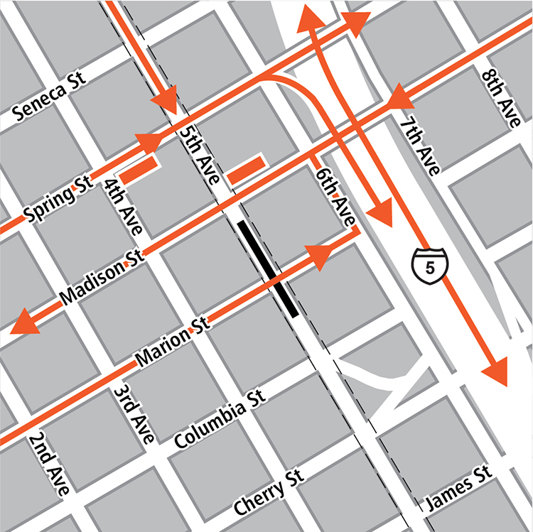 Map with boundaries of Seneca Street to the north, James Street to the south, Eighth Avenue to the east, and Second Avenue to the west. Tunnel station is under Fifth Avenue between Madison Street and Columbia Street. Bus stops are on the northeast corner of Madison Street and Fifth Avenue, and the southeast corner of Spring Street and Fourth Avenue. Bus routes run southbound on Interstate-Five southbound on Fifth Avenue, eastbound on Spring Street, westbound on Madison Street, and eastbound on Marion Street.
